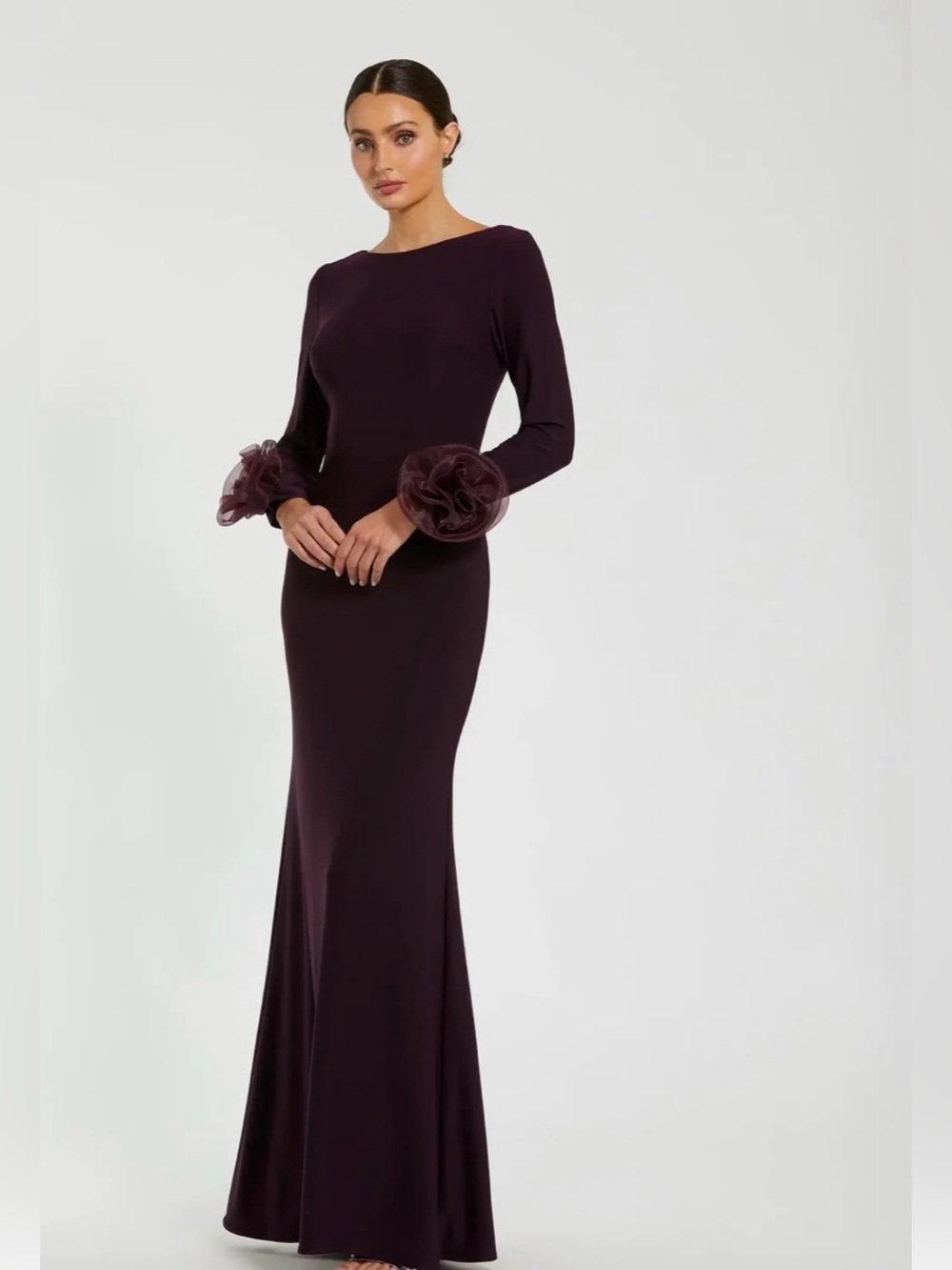 Mac Duggal Plum Long Sleeve Fitted Jersey Dress with 3D Flowers Size S